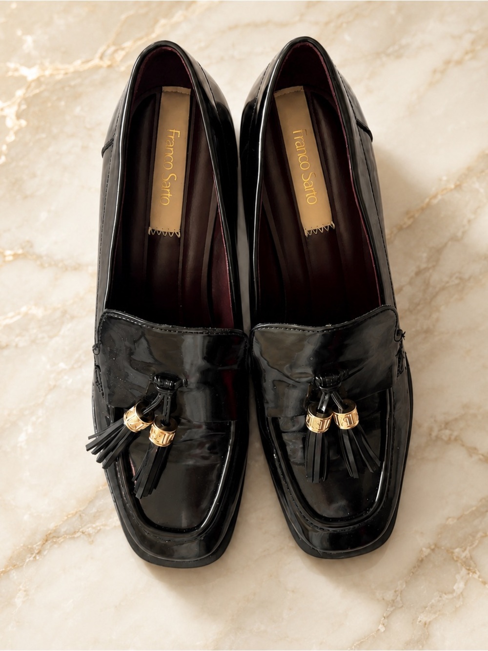 Franco Sarto Black Patent Tassel Loafers with Gold Rings